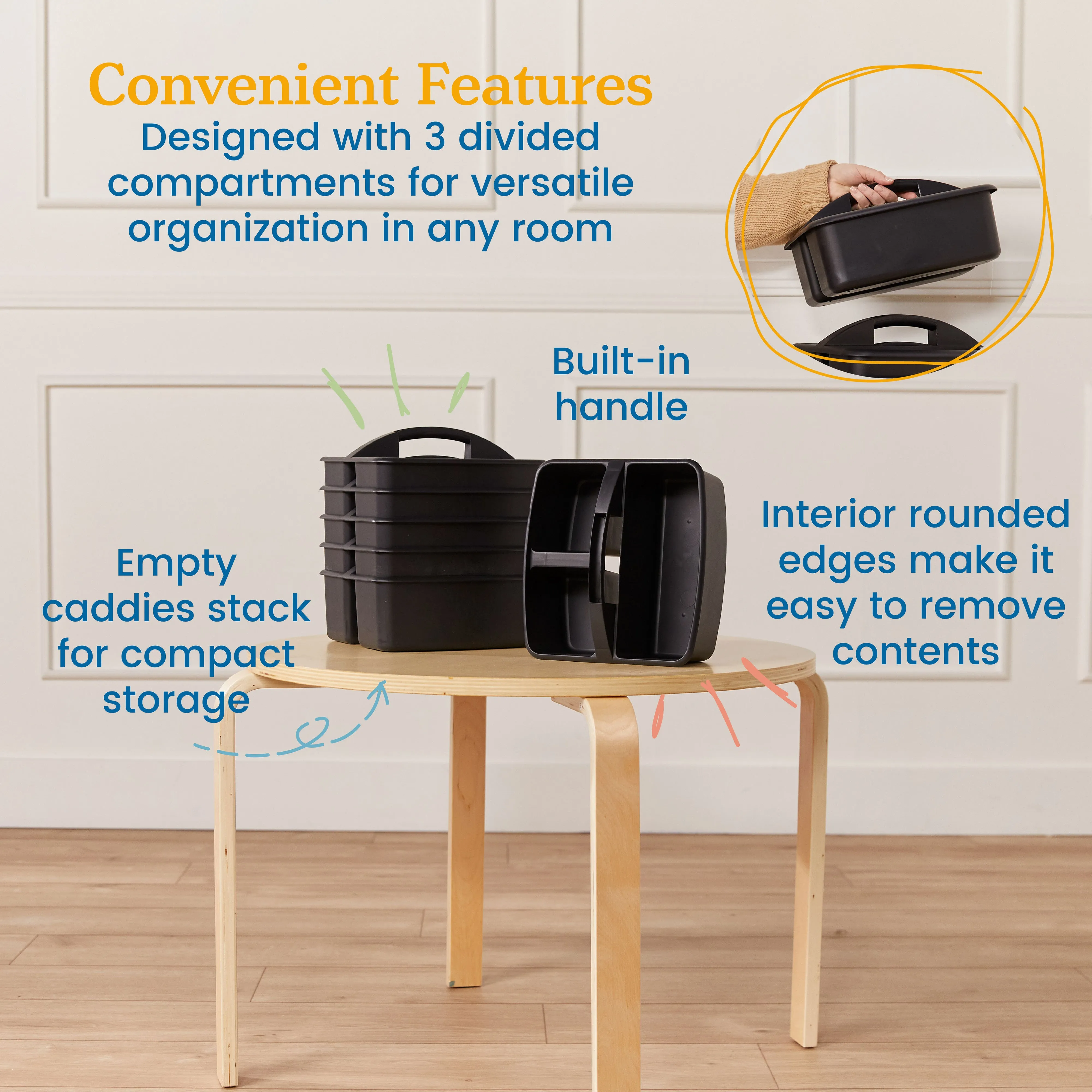 3-Compartment Storage Caddy, Small, Supply Organizer, 6-Pack