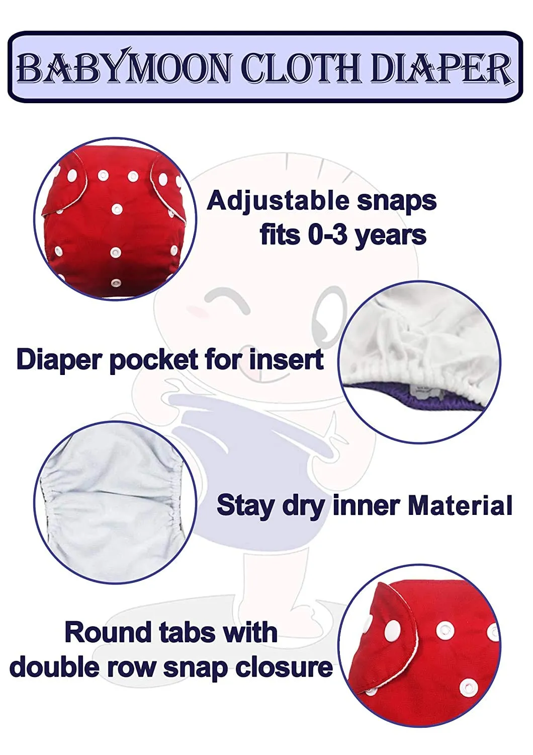 Babymoon Free Size Reusable 3 Cloth Diaper with 3 Grey Insert - Pack of 6