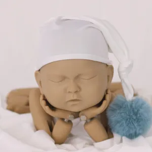 Babymoon Milk Silk Long Tail Pom Pom Cap Hat | Baby Photography Props | White | 0-3 Months