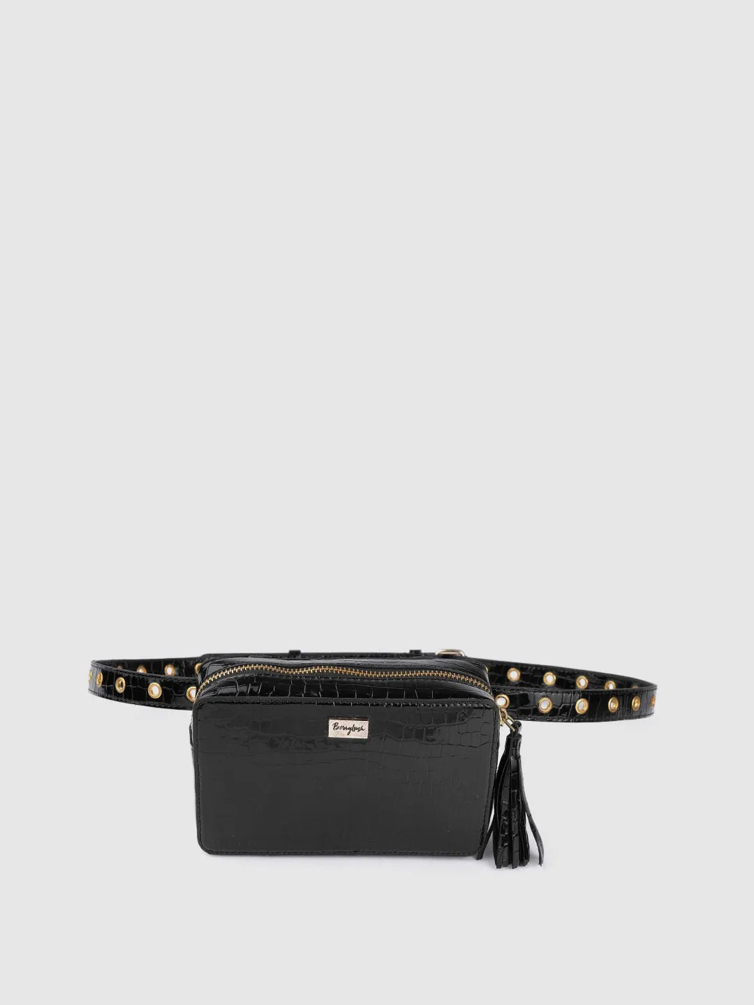Berrylush Women Black Croc Textured Pattern PU Detachable Sling Strap Structured Small Waist Pouch