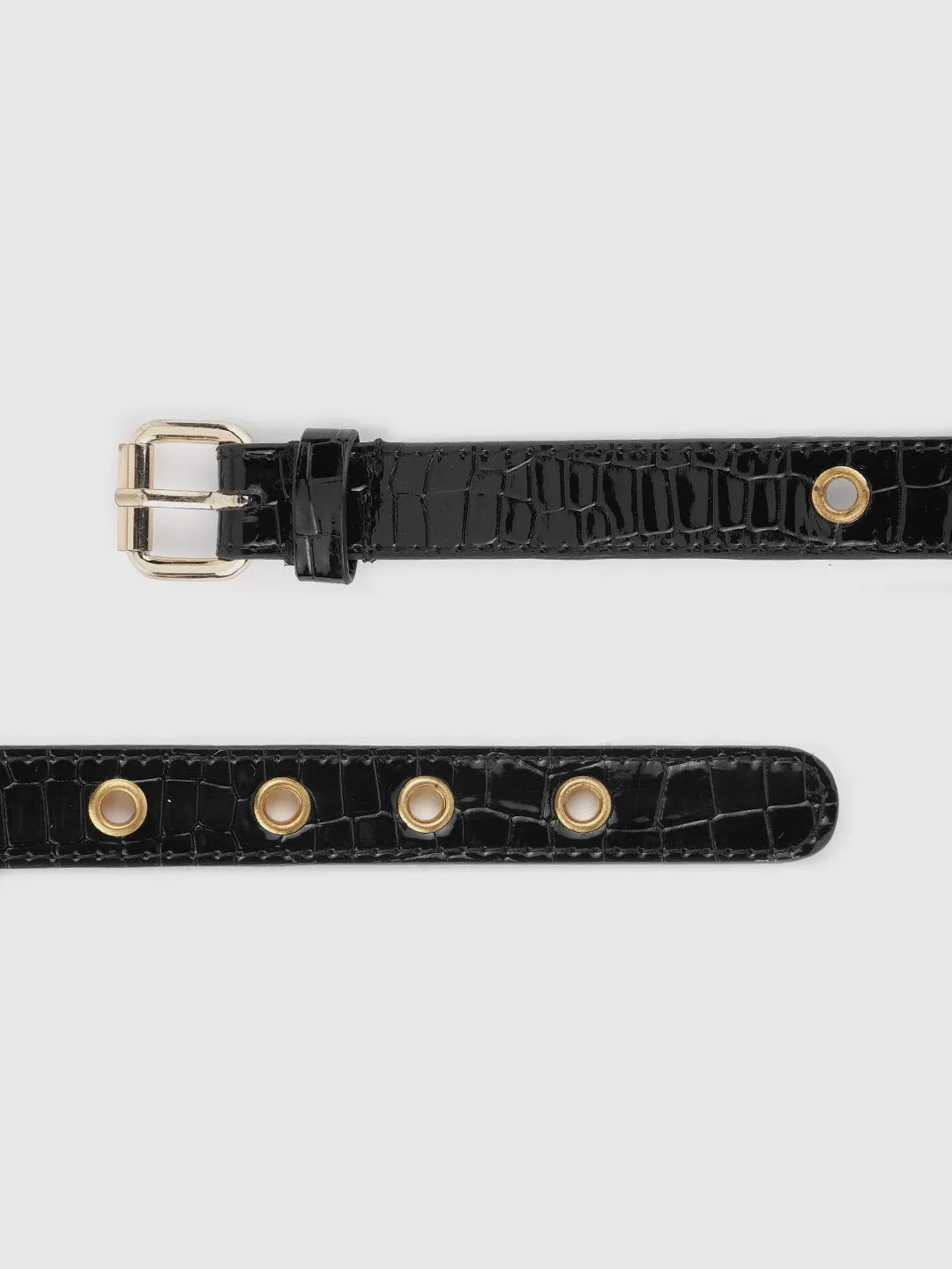 Berrylush Women Black Croc Textured Pattern PU Detachable Sling Strap Structured Small Waist Pouch