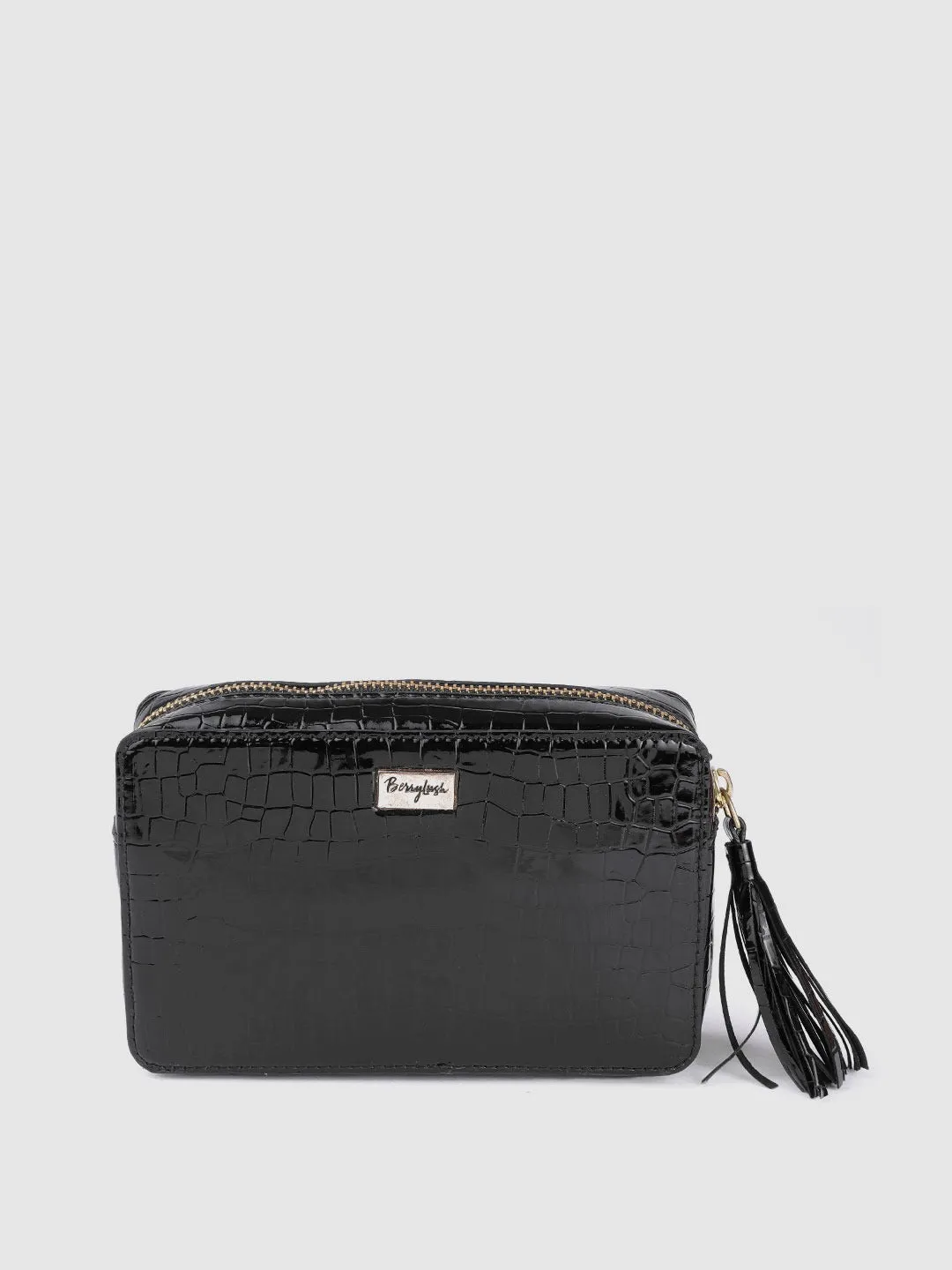 Berrylush Women Black Croc Textured Pattern PU Detachable Sling Strap Structured Small Waist Pouch