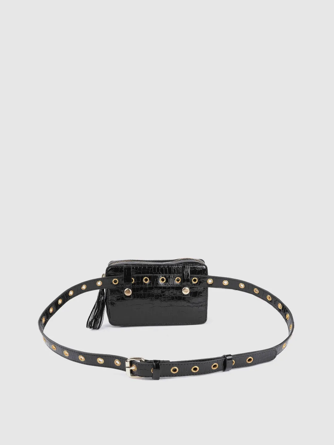 Berrylush Women Black Croc Textured Pattern PU Detachable Sling Strap Structured Small Waist Pouch