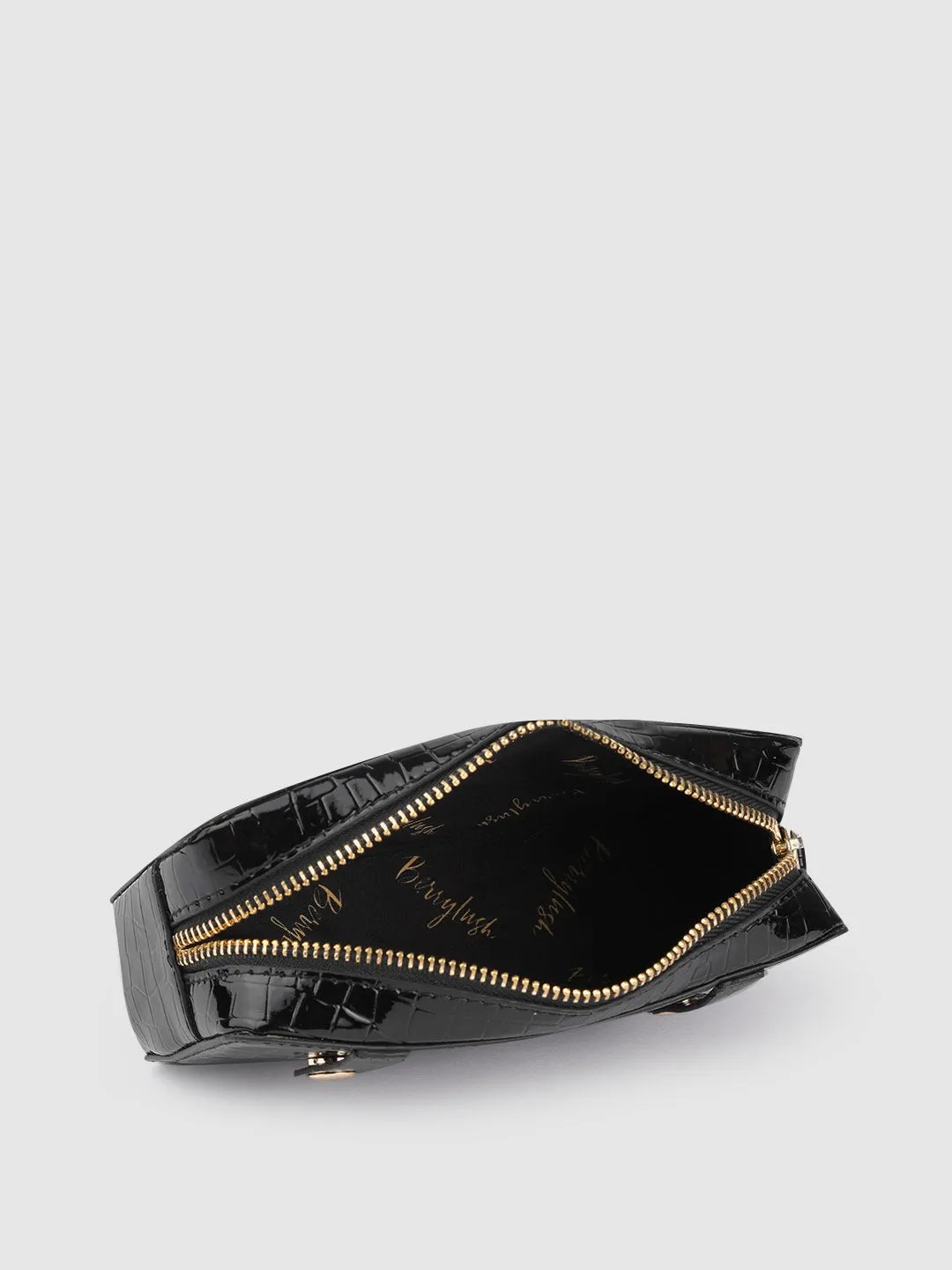 Berrylush Women Black Croc Textured Pattern PU Detachable Sling Strap Structured Small Waist Pouch