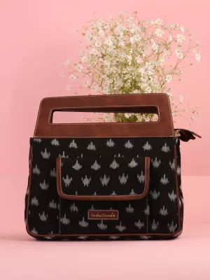 Black Ikat Baguette Bag with Vegan Leather Top Handles - B0903
