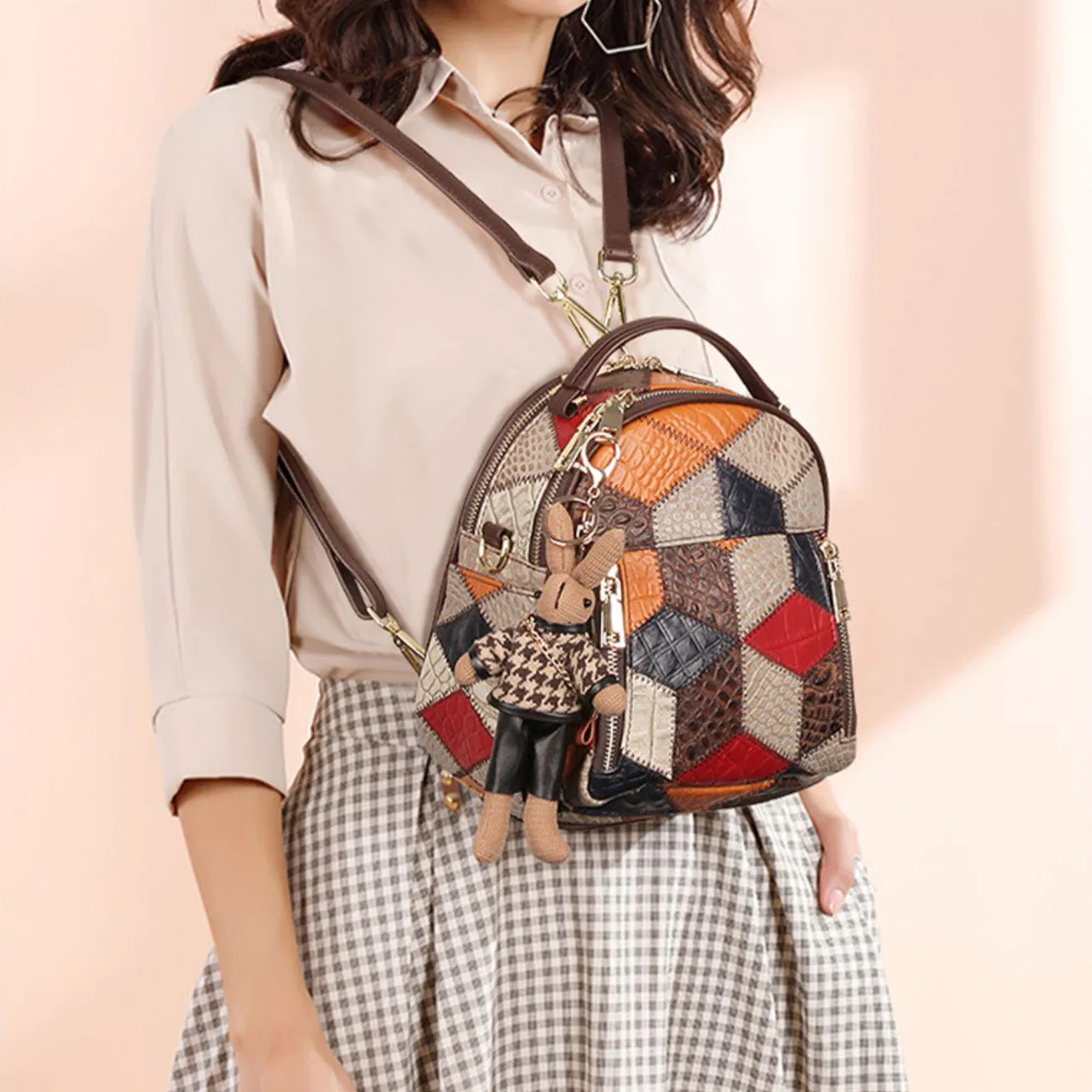 Boho Ladies Leather Small Backpack Purses Leather Rucksack Shoulder Bag For Women