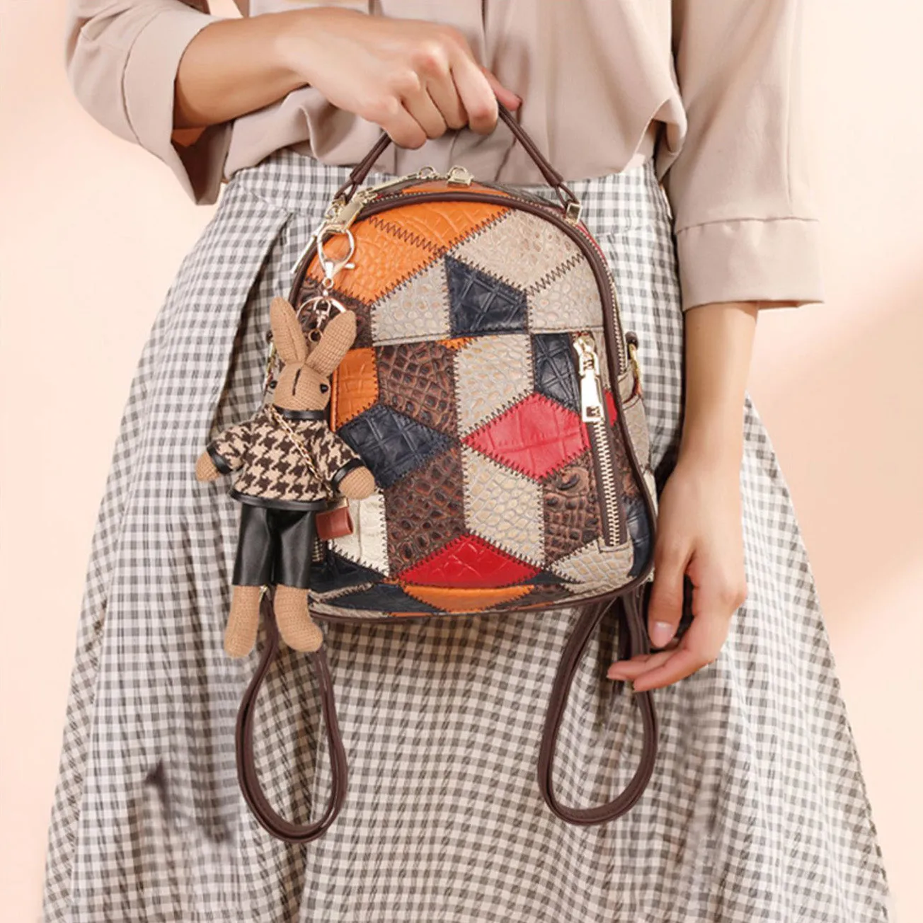 Boho Ladies Leather Small Backpack Purses Leather Rucksack Shoulder Bag For Women