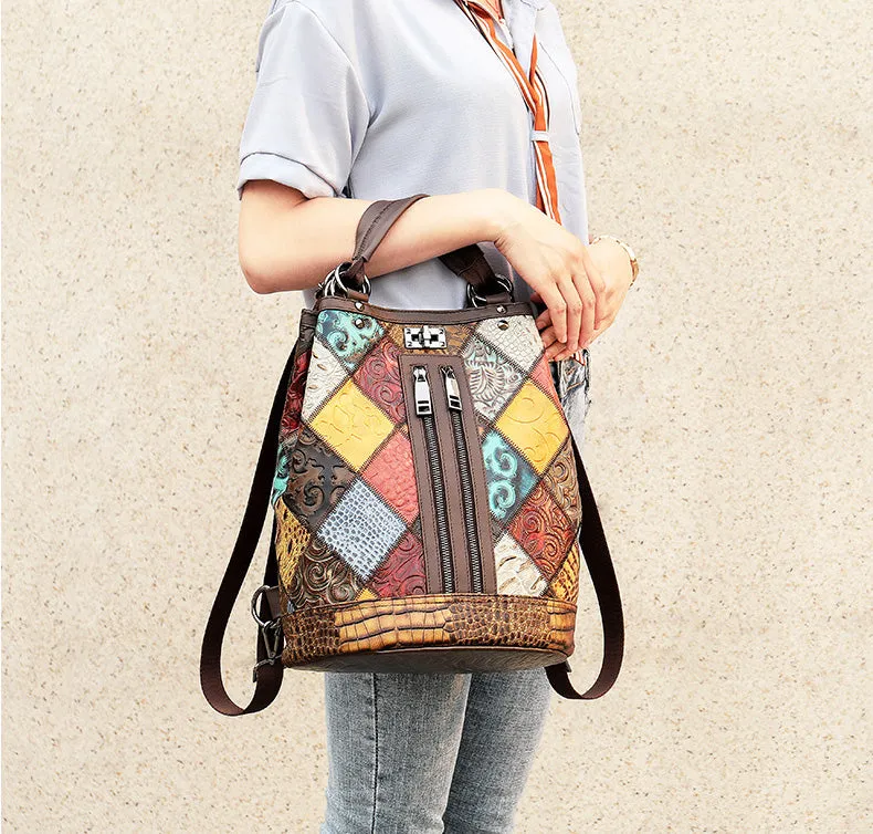 Boho Womens Convertible Leather Backpack Purse Shoulder Bucket Bag