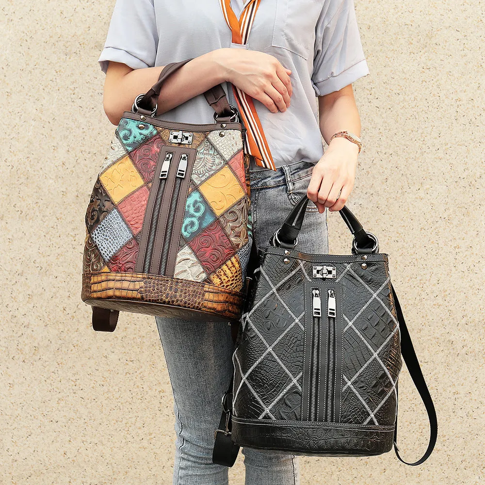 Boho Womens Convertible Leather Backpack Purse Shoulder Bucket Bag