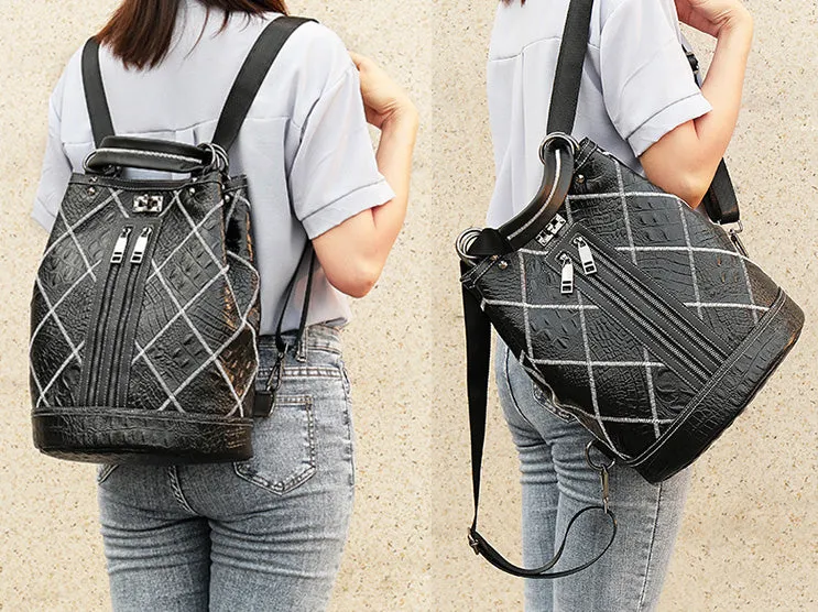 Boho Womens Convertible Leather Backpack Purse Shoulder Bucket Bag
