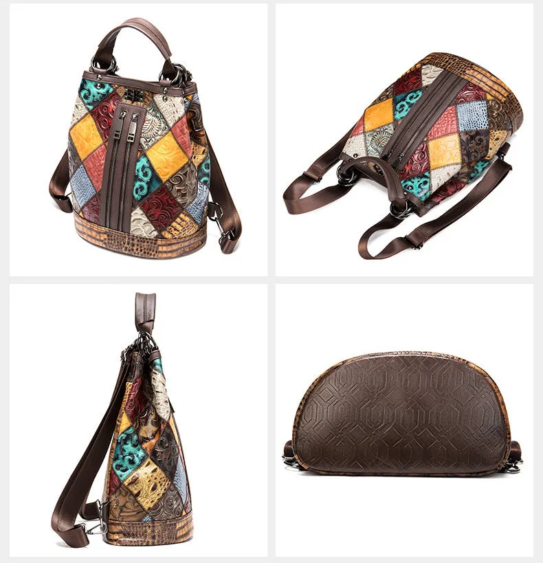Boho Womens Convertible Leather Backpack Purse Shoulder Bucket Bag