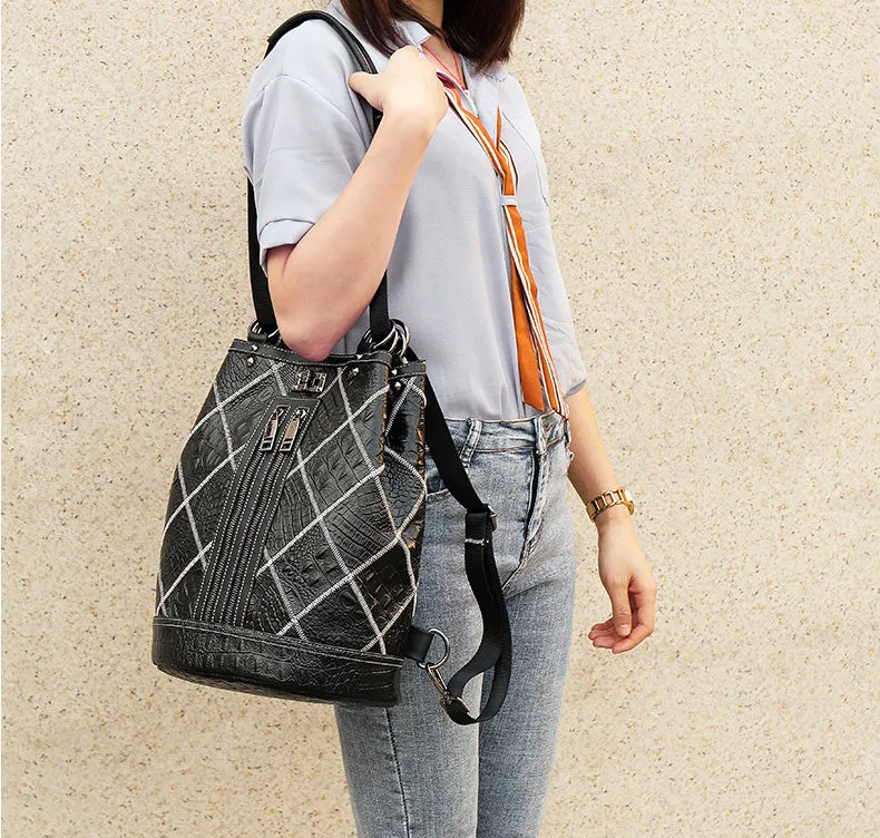 Boho Womens Convertible Leather Backpack Purse Shoulder Bucket Bag