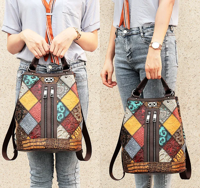 Boho Womens Convertible Leather Backpack Purse Shoulder Bucket Bag