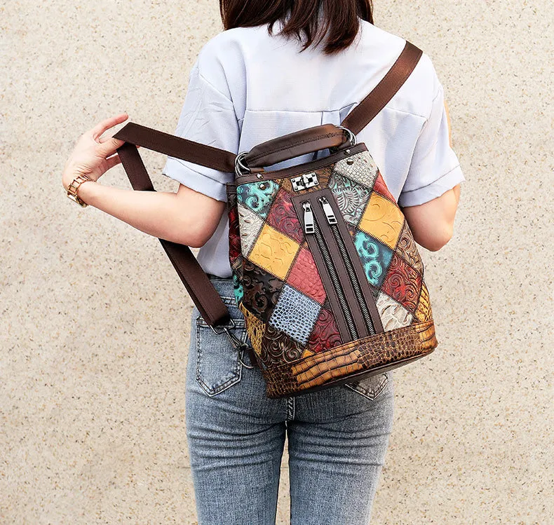 Boho Womens Convertible Leather Backpack Purse Shoulder Bucket Bag