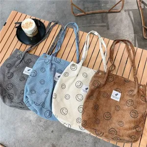 Corduroy Smiley Face Shoulder Tote Bag