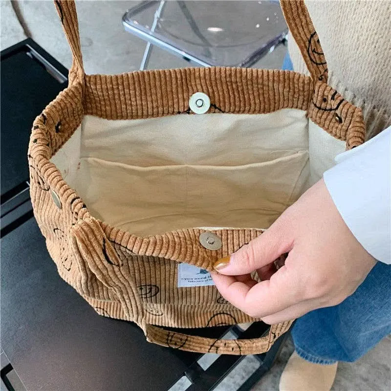 Corduroy Smiley Face Shoulder Tote Bag