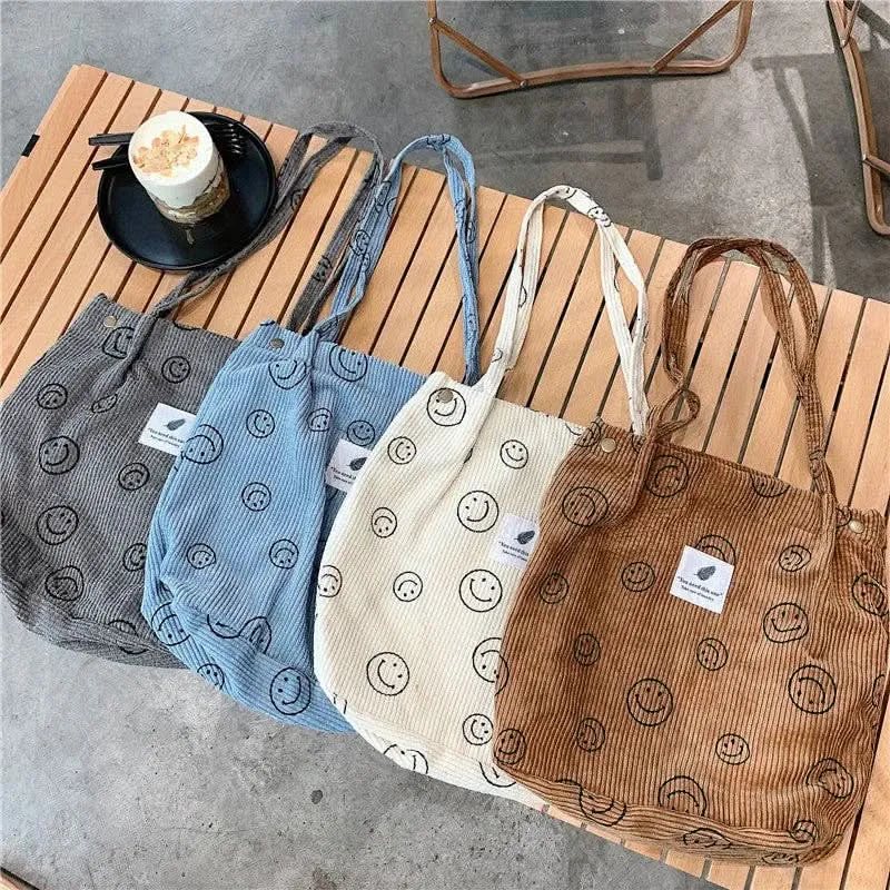Corduroy Smiley Face Shoulder Tote Bag