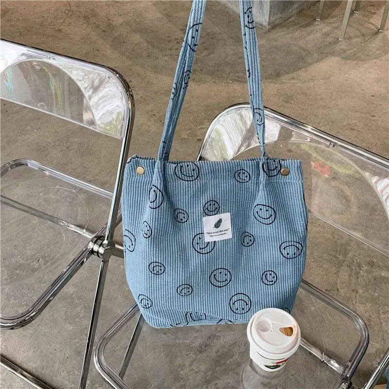Corduroy Smiley Face Shoulder Tote Bag