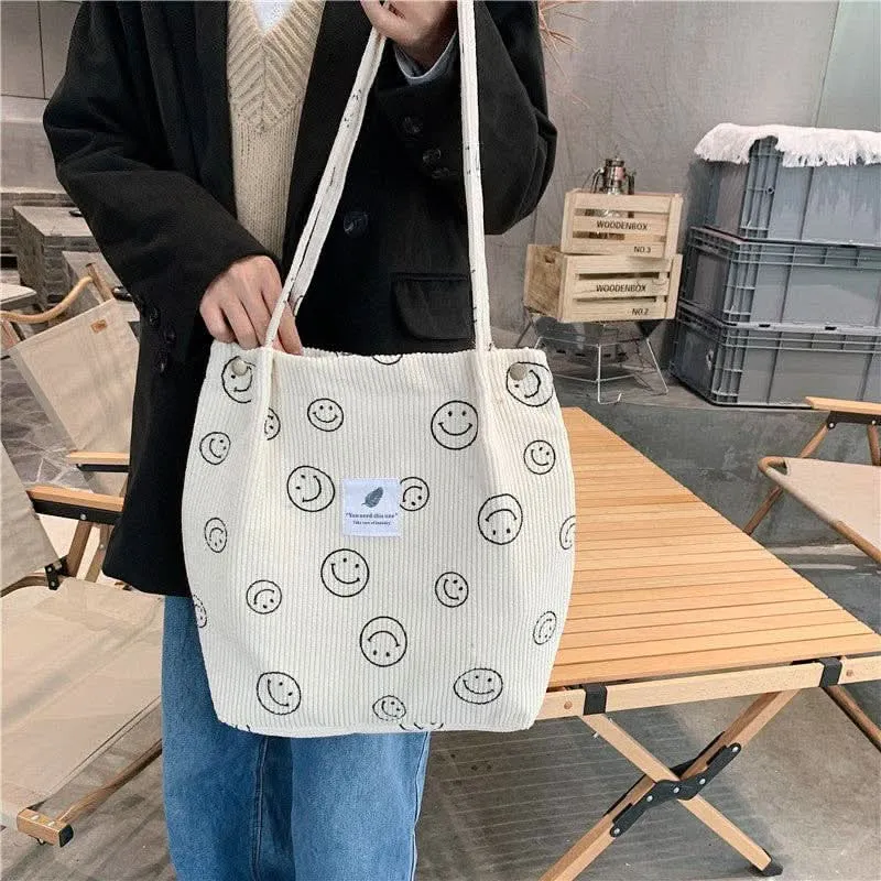 Corduroy Smiley Face Shoulder Tote Bag