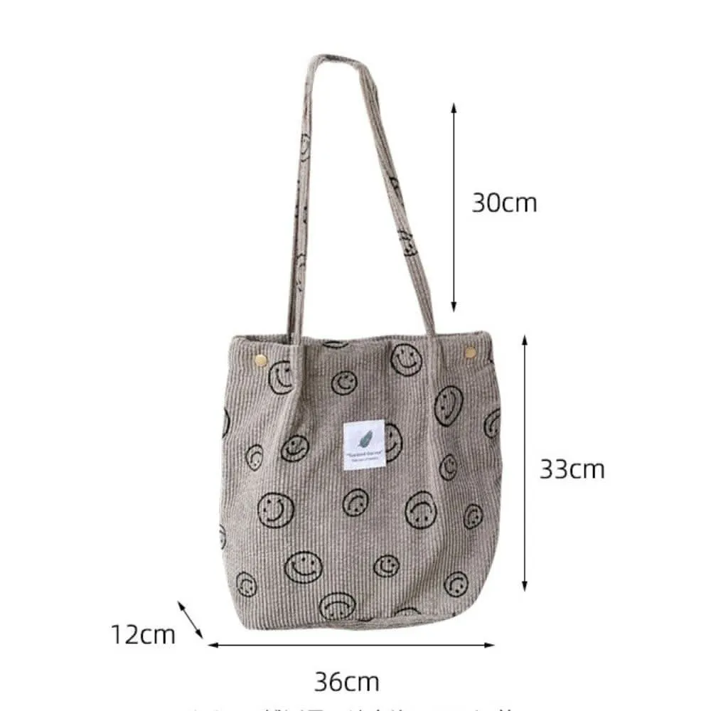 Corduroy Smiley Face Shoulder Tote Bag