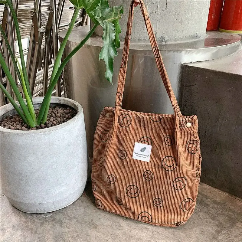 Corduroy Smiley Face Shoulder Tote Bag