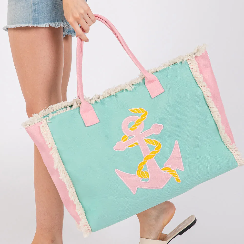 iLLASPARKZ Anchor Patch Embroidered Fringe Tote Bag / Beach Bag