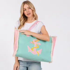iLLASPARKZ Anchor Patch Embroidered Fringe Tote Bag / Beach Bag