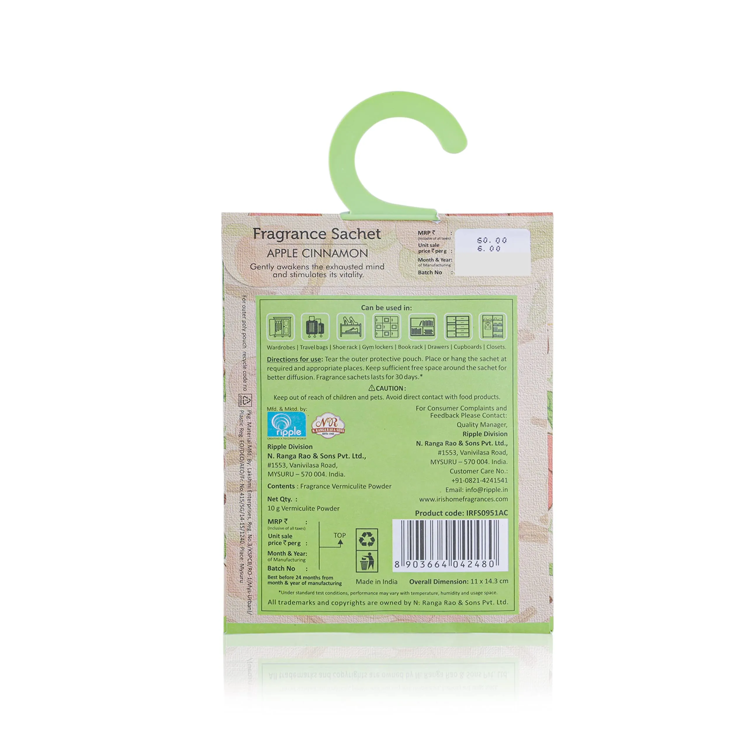 IRIS, Fragrance Sachet, Apple Cinnamon, 1 Packet, Home Fragrances, Fragrance Sachets for Closets/Drawers/Cupboards/Small Spaces, Fruity-and-Spicy Fragrance, Air Freshener, Size -13.2x5.5x16.5