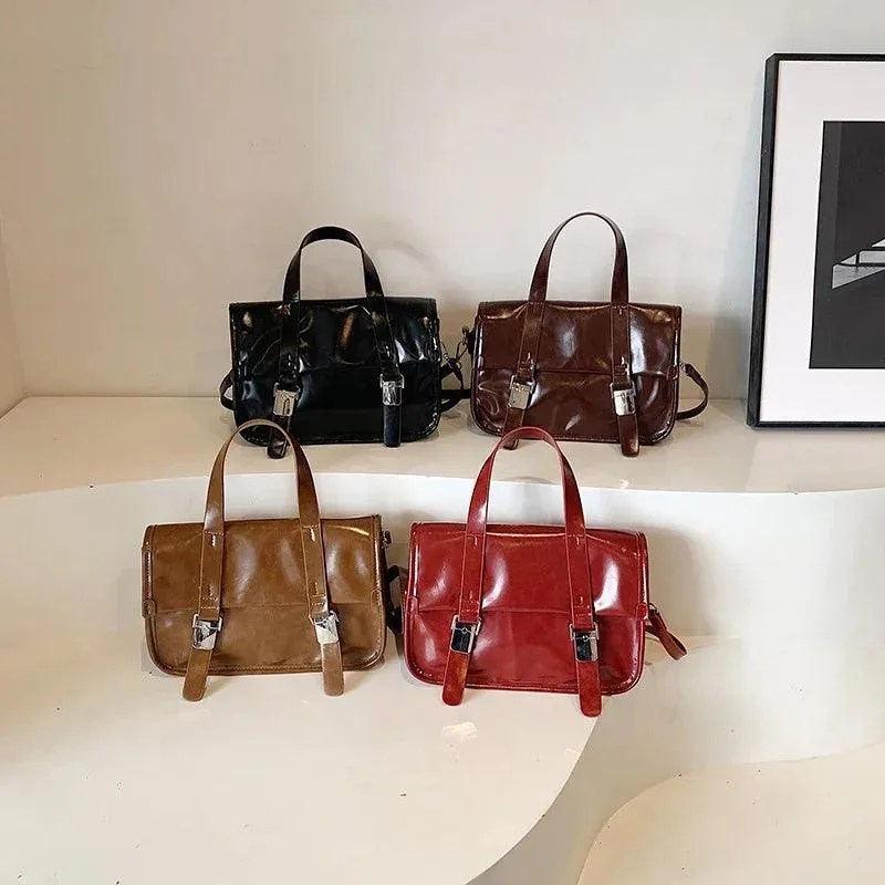 Medium Leather Satchel Bags Flap Push Lock Women's Flap Zipper Crossbody Bags