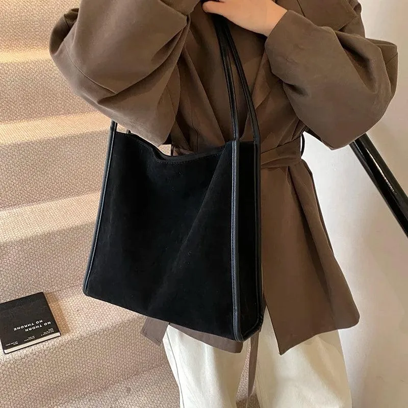 Nubuck Leather Tote Bags Women Medium Snap Unlined Solid Shoulder Bags