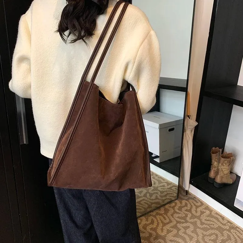 Nubuck Leather Tote Bags Women Medium Snap Unlined Solid Shoulder Bags