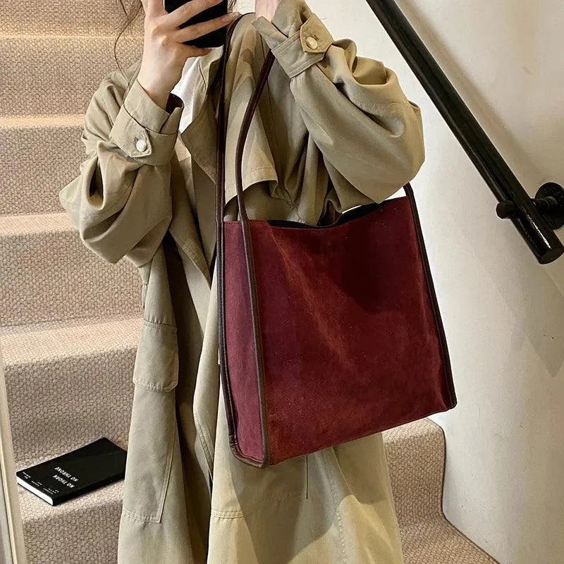Nubuck Leather Tote Bags Women Medium Snap Unlined Solid Shoulder Bags