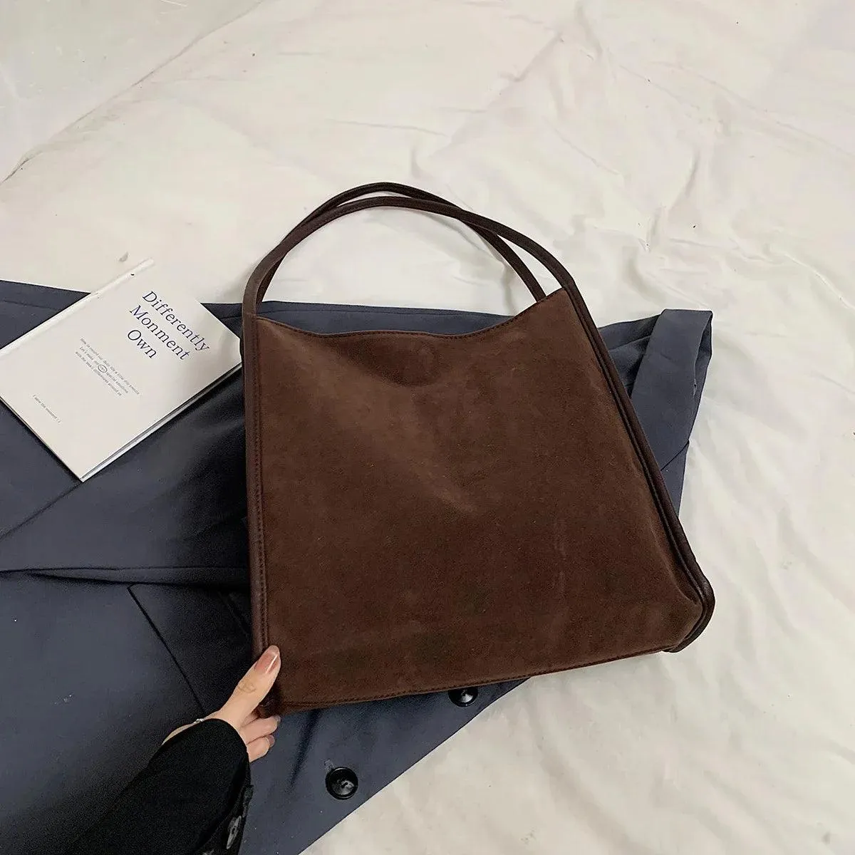 Nubuck Leather Tote Bags Women Medium Snap Unlined Solid Shoulder Bags