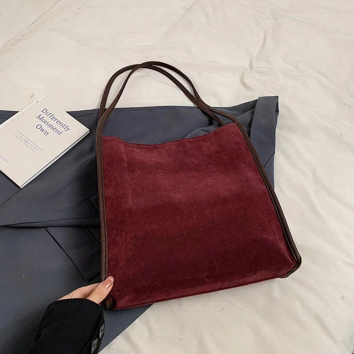 Nubuck Leather Tote Bags Women Medium Snap Unlined Solid Shoulder Bags