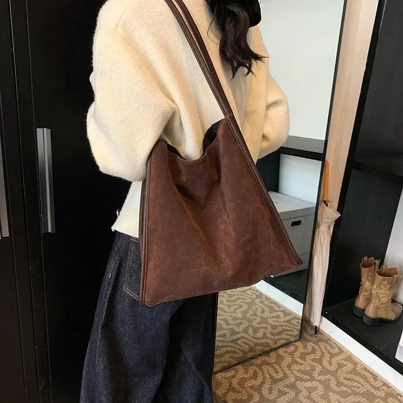 Nubuck Leather Tote Bags Women Medium Snap Unlined Solid Shoulder Bags