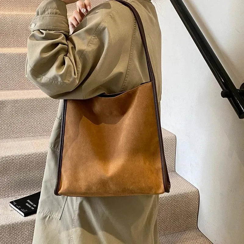 Nubuck Leather Tote Bags Women Medium Snap Unlined Solid Shoulder Bags