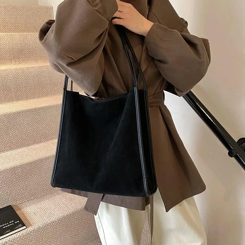 Nubuck Leather Tote Bags Women Medium Snap Unlined Solid Shoulder Bags