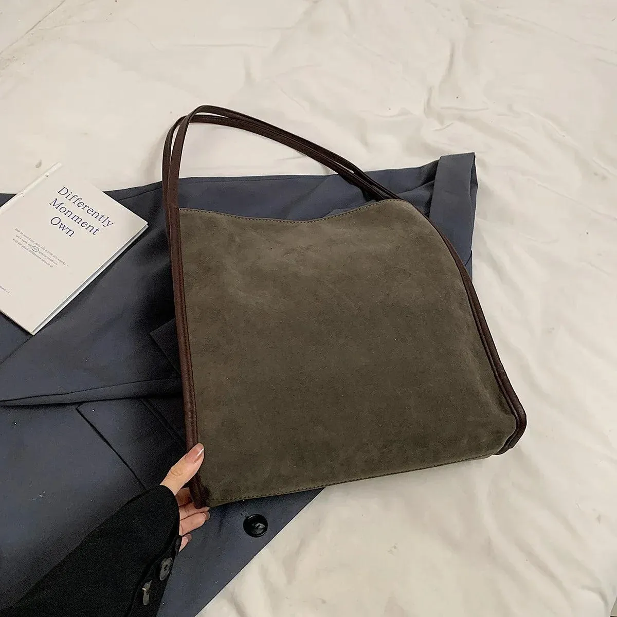 Nubuck Leather Tote Bags Women Medium Snap Unlined Solid Shoulder Bags