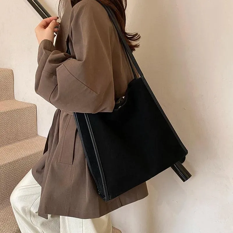 Nubuck Leather Tote Bags Women Medium Snap Unlined Solid Shoulder Bags