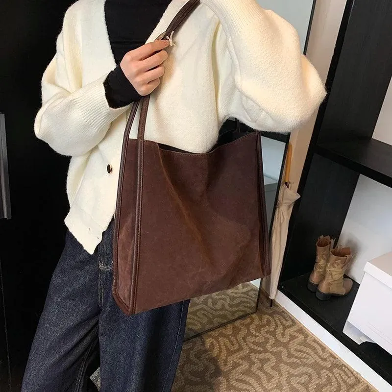 Nubuck Leather Tote Bags Women Medium Snap Unlined Solid Shoulder Bags