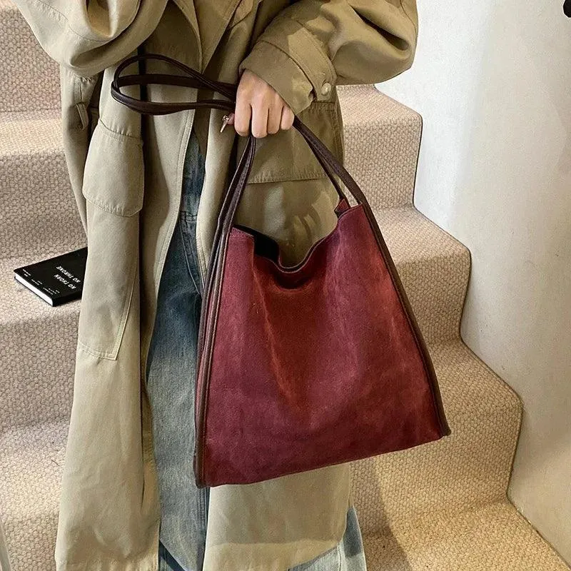 Nubuck Leather Tote Bags Women Medium Snap Unlined Solid Shoulder Bags