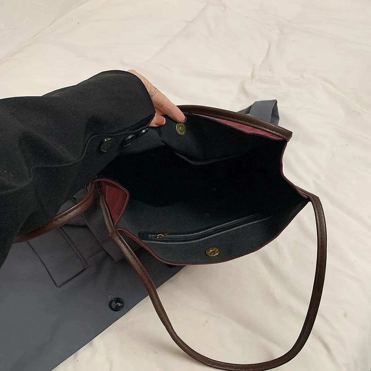 Nubuck Leather Tote Bags Women Medium Snap Unlined Solid Shoulder Bags