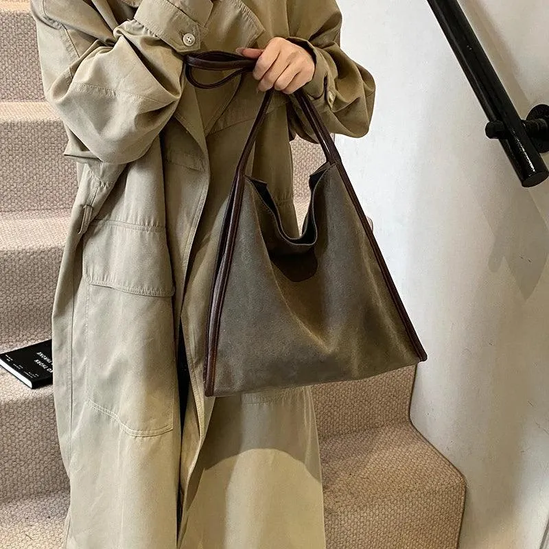 Nubuck Leather Tote Bags Women Medium Snap Unlined Solid Shoulder Bags