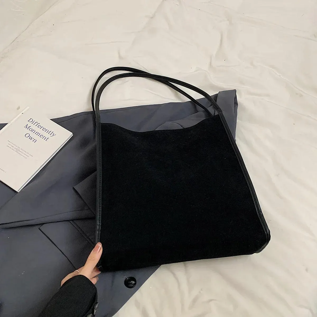 Nubuck Leather Tote Bags Women Medium Snap Unlined Solid Shoulder Bags