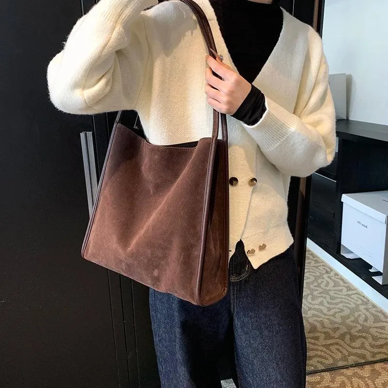 Nubuck Leather Tote Bags Women Medium Snap Unlined Solid Shoulder Bags