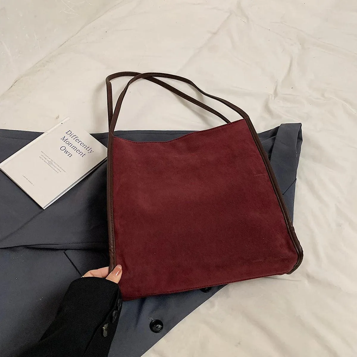 Nubuck Leather Tote Bags Women Medium Snap Unlined Solid Shoulder Bags