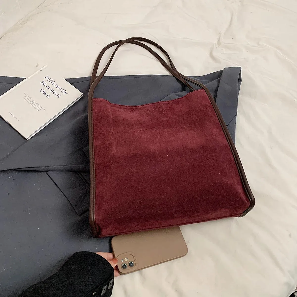 Nubuck Leather Tote Bags Women Medium Snap Unlined Solid Shoulder Bags