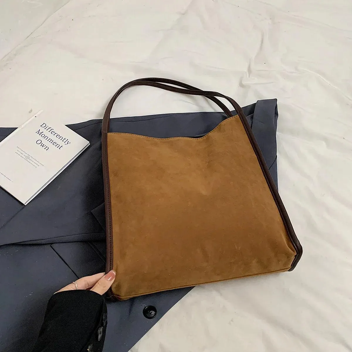 Nubuck Leather Tote Bags Women Medium Snap Unlined Solid Shoulder Bags