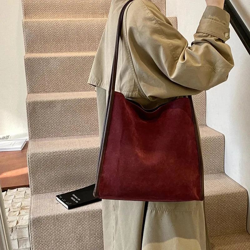 Nubuck Leather Tote Bags Women Medium Snap Unlined Solid Shoulder Bags
