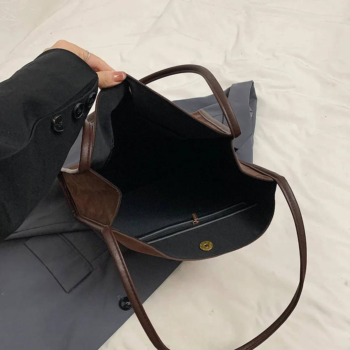 Nubuck Leather Tote Bags Women Medium Snap Unlined Solid Shoulder Bags